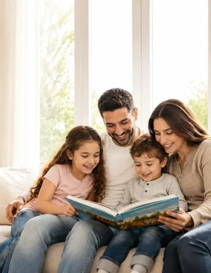 Family reading a book together on the sofa